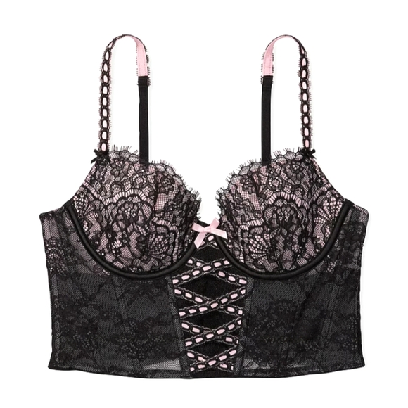 Victoria's Secret Other - Victoria's Secret Corset Pink & Black Lace Bra Top Sexy Shapewear Size Medium DD